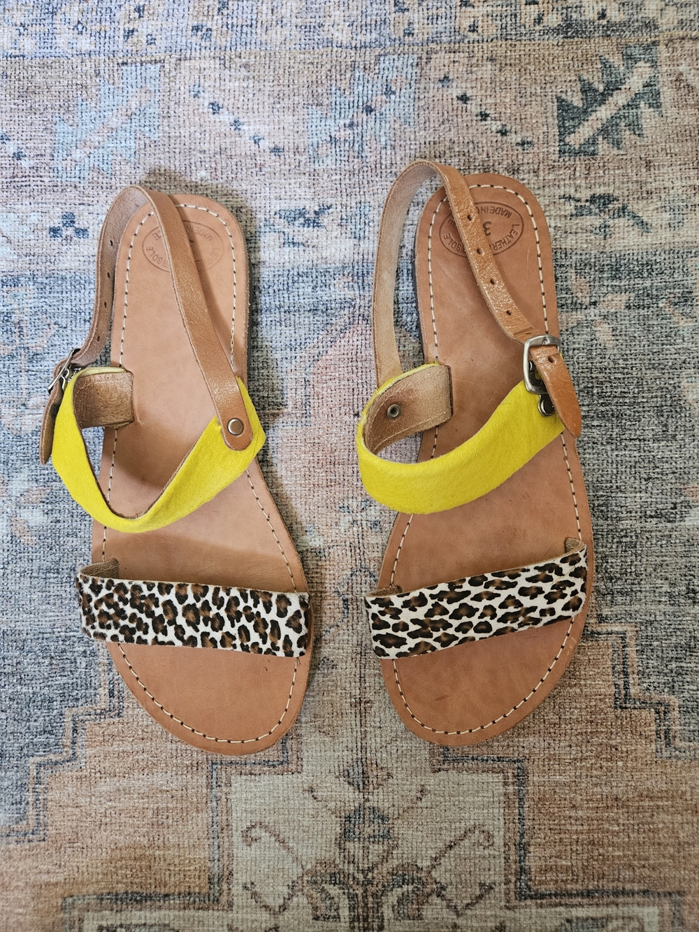 Aelia Women’s Leopard & Yellow Leather Strap Sandals